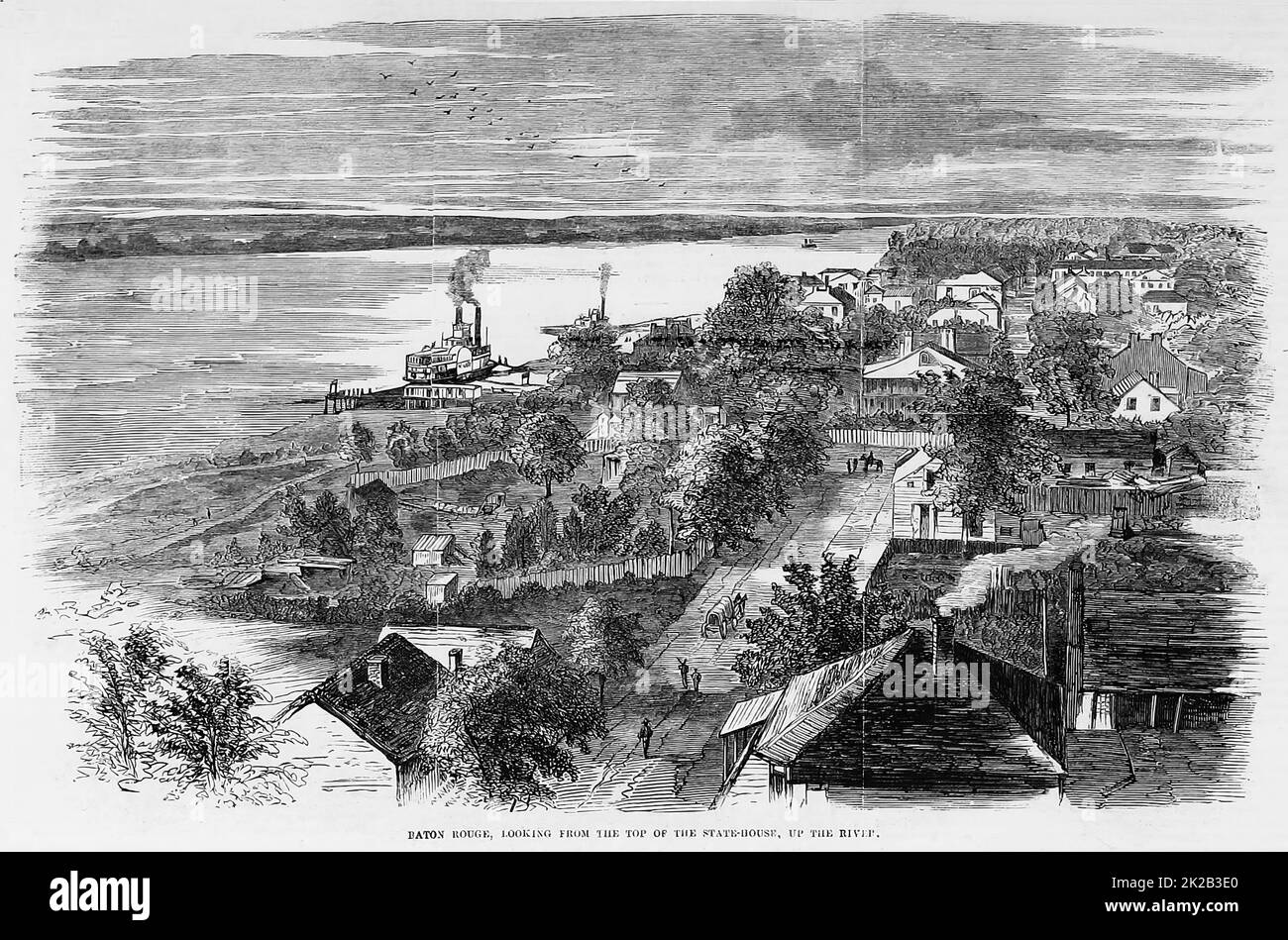 Baton Rouge, Louisiana, looking from the top of the state-house, up the Mississippi River. 1862. 19th century American Civil War illustration from Frank Leslie's Illustrated Newspaper Stock Photo