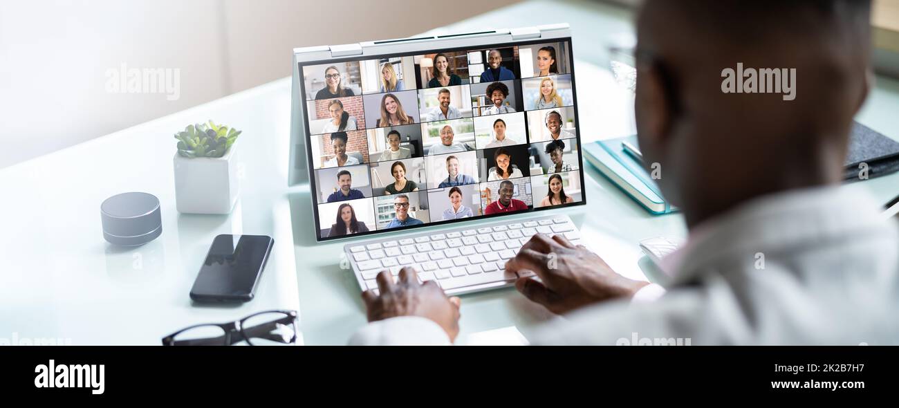 Virtual Business Presentation Or Videoconferencing On Hybrid Screen Stock Photo