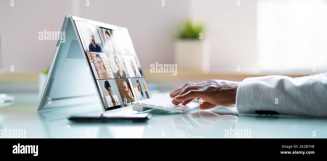 Virtual Business Presentation Or Videoconferencing On Hybrid Screen Stock Photo