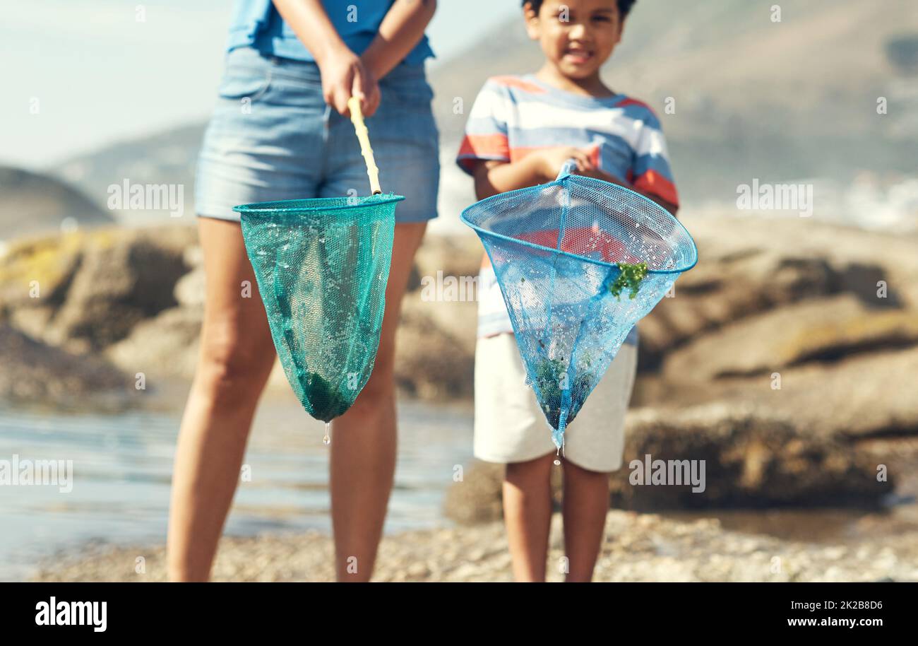 I love catching things at the beach. Shot of a parent with their son at the beach holding fishing nets. Stock Photo
