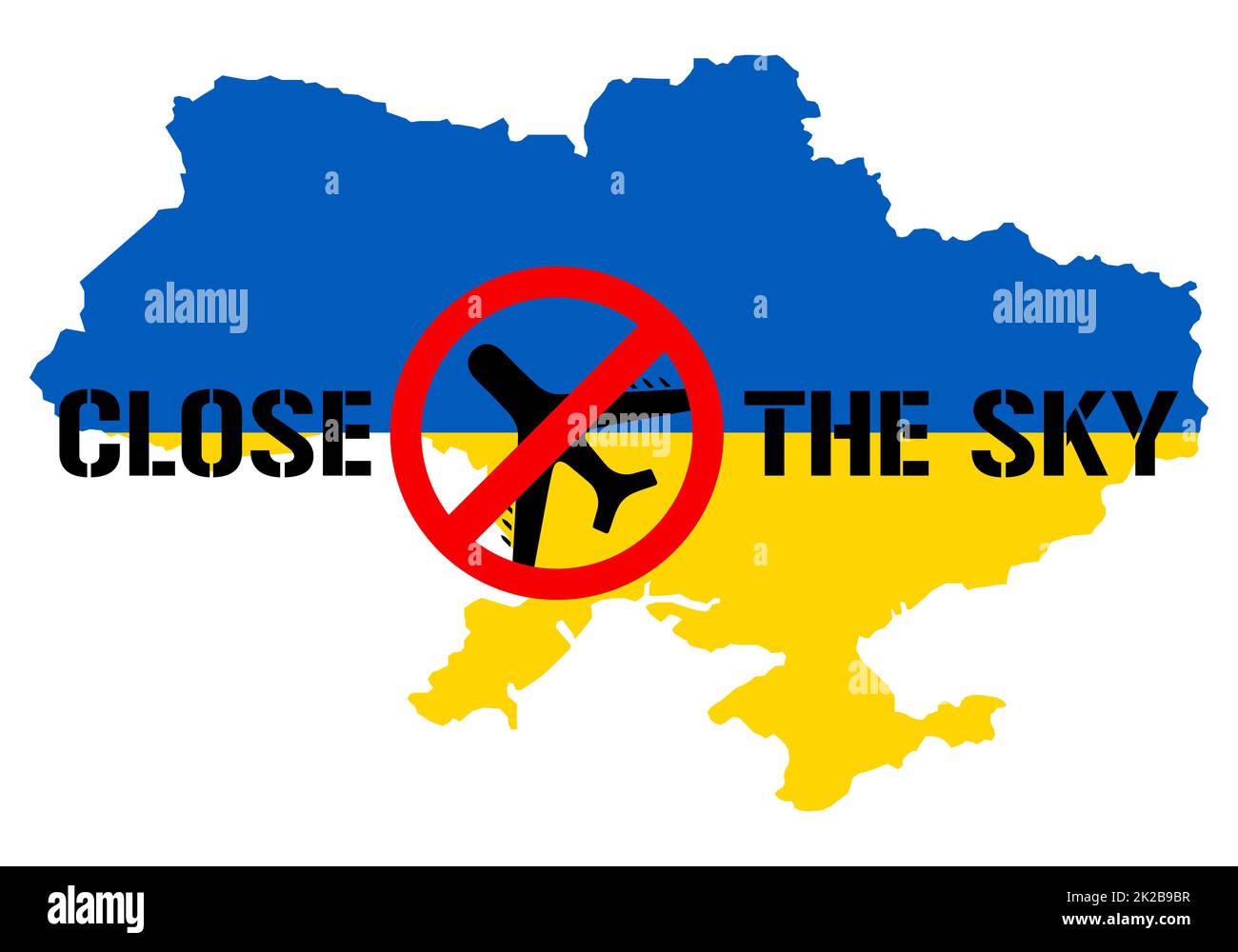 Close The Sky slogan in the map of Ukraine. Protest against the war in Ukraine. Red forbidding sign and military aircraft with missiles and bombs. Destruction of civilian population cannot be allowed. Stock Photo