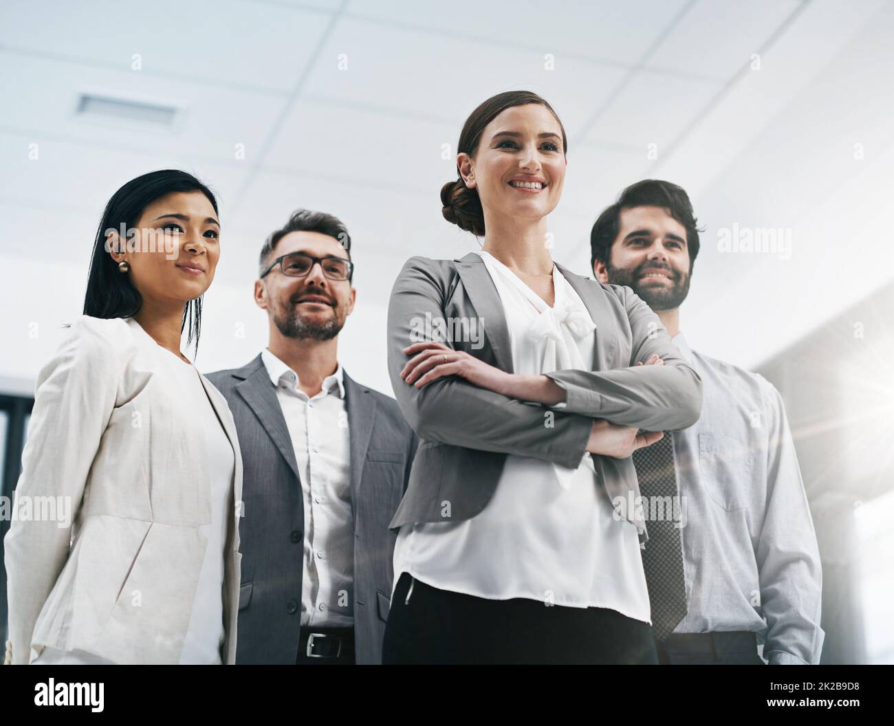 Theyre a team built for success. Low angle shot of a group of businesspeople standing in the office. Stock Photo