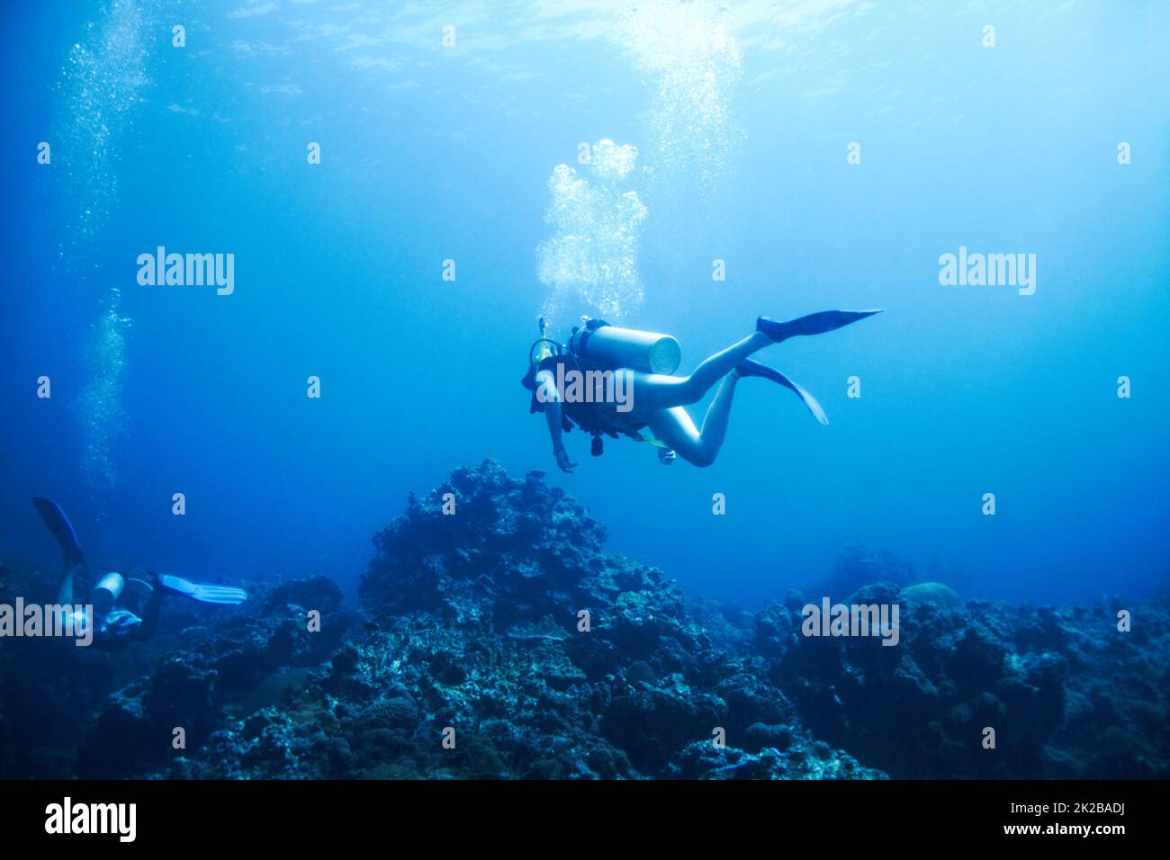 Exploring the oceans endless wonders. Two scuba divers explore a rocky reef - Copyspace. Stock Photo