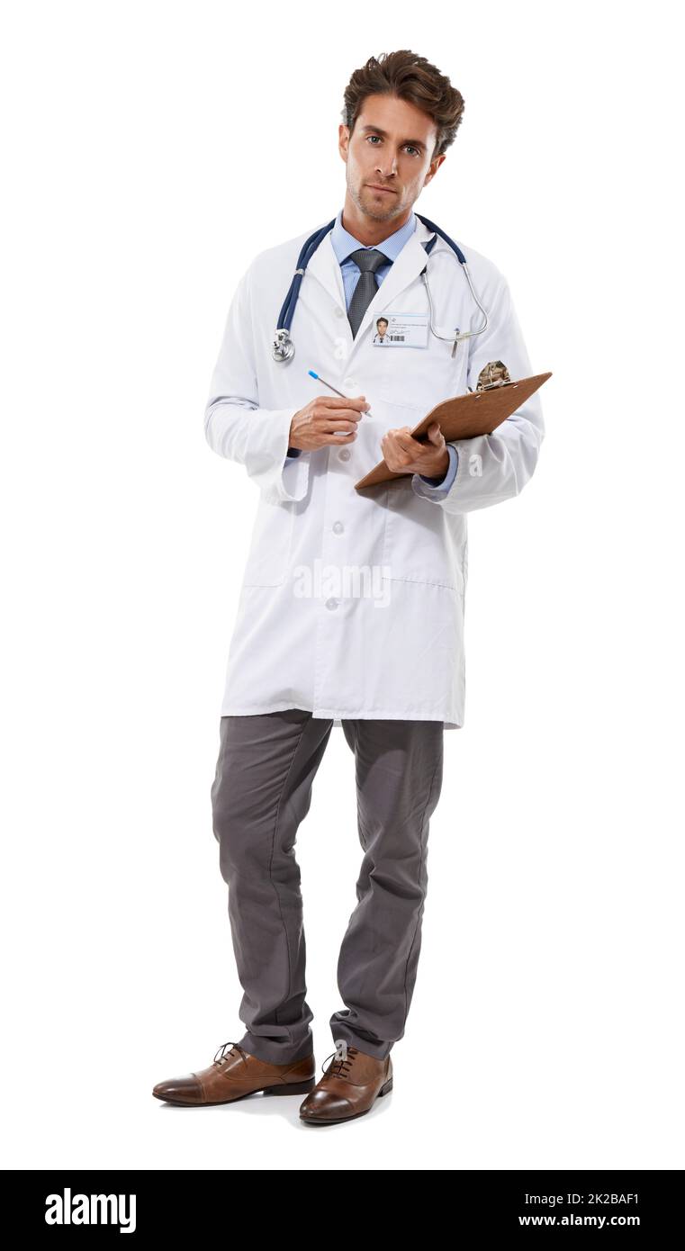 Hes here to keep you healthy. Full length studio portrait of a serious-looking young medical professional holding a clipboard. Stock Photo