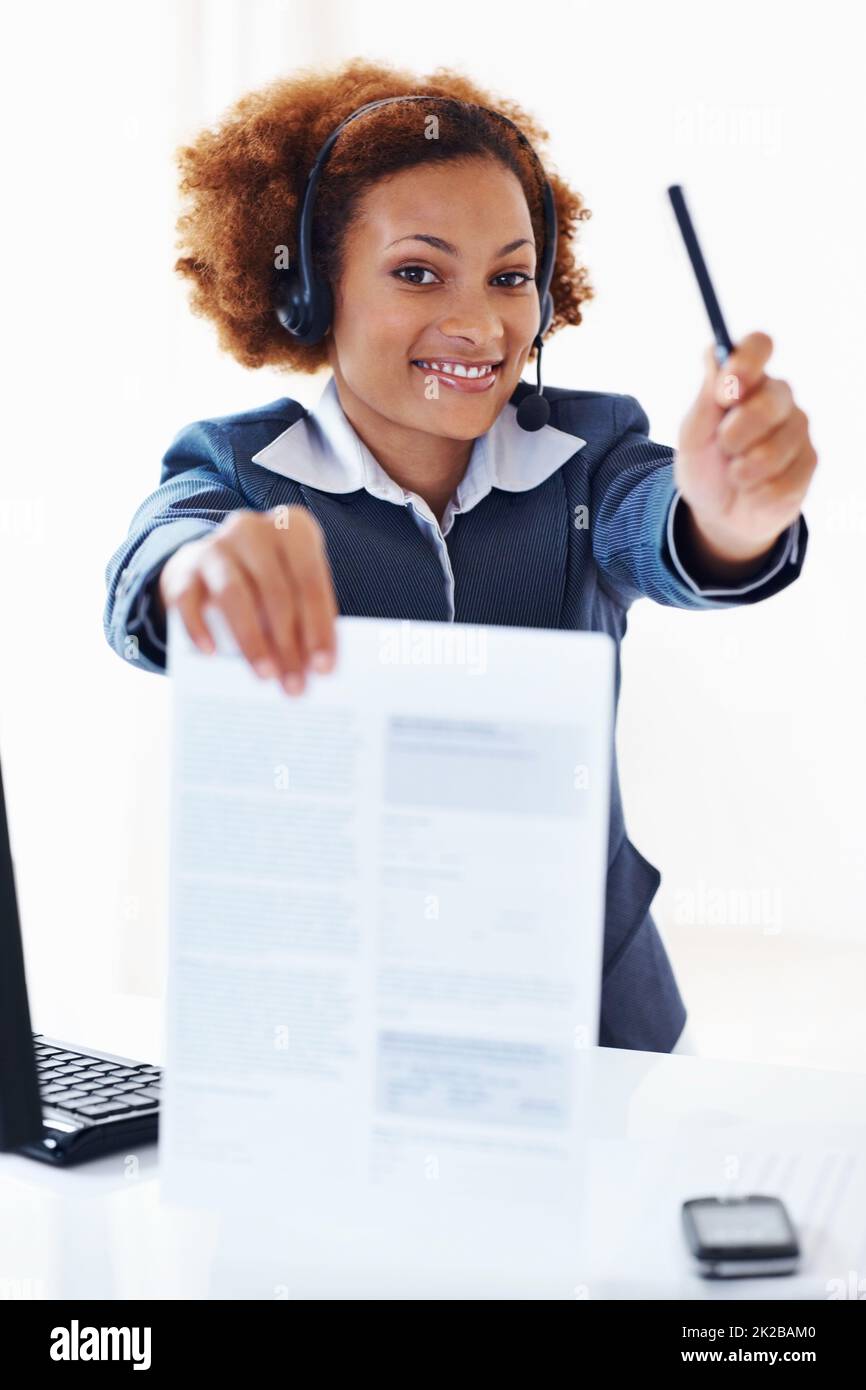 Customer care operator showing contract document. Customer care