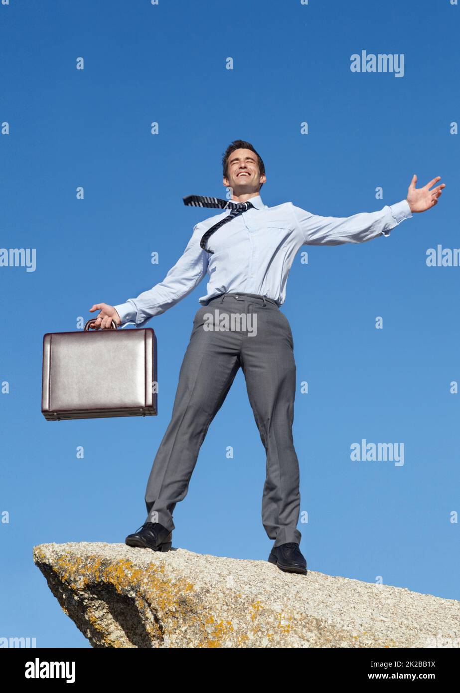 Theres no limit to what I can achieve now. An elated young businessman holding a briefcase standing atop a cliff. Stock Photo