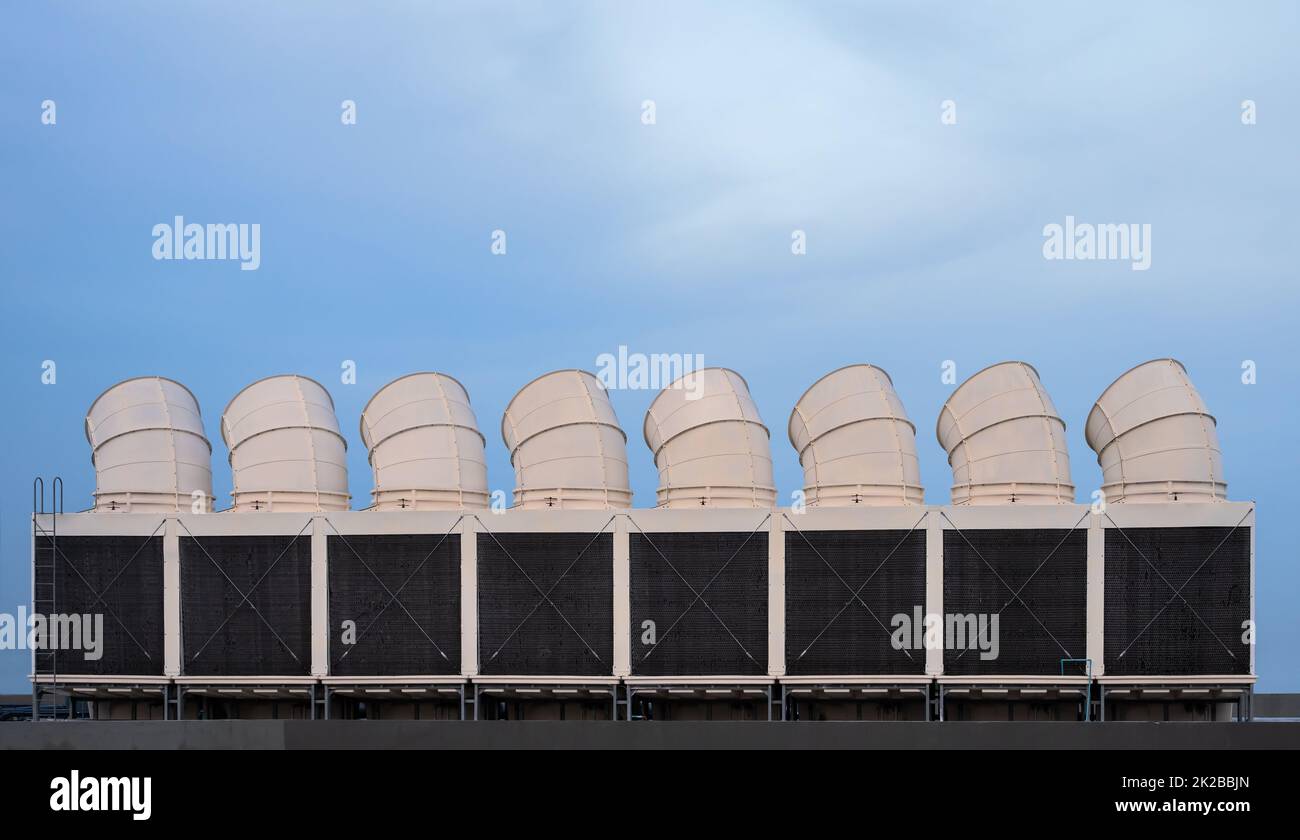 Industrial cooling towers or air cooled chillers Stock Photo Alamy