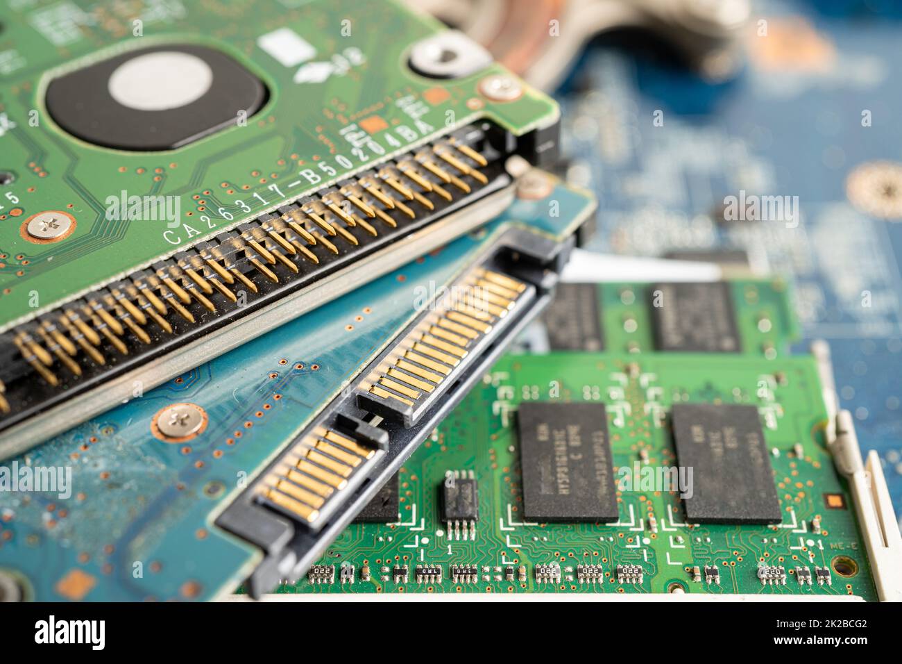 micro circuit main board computer electronic technology, hardware, upgrade, cleaning concept. Stock Photo