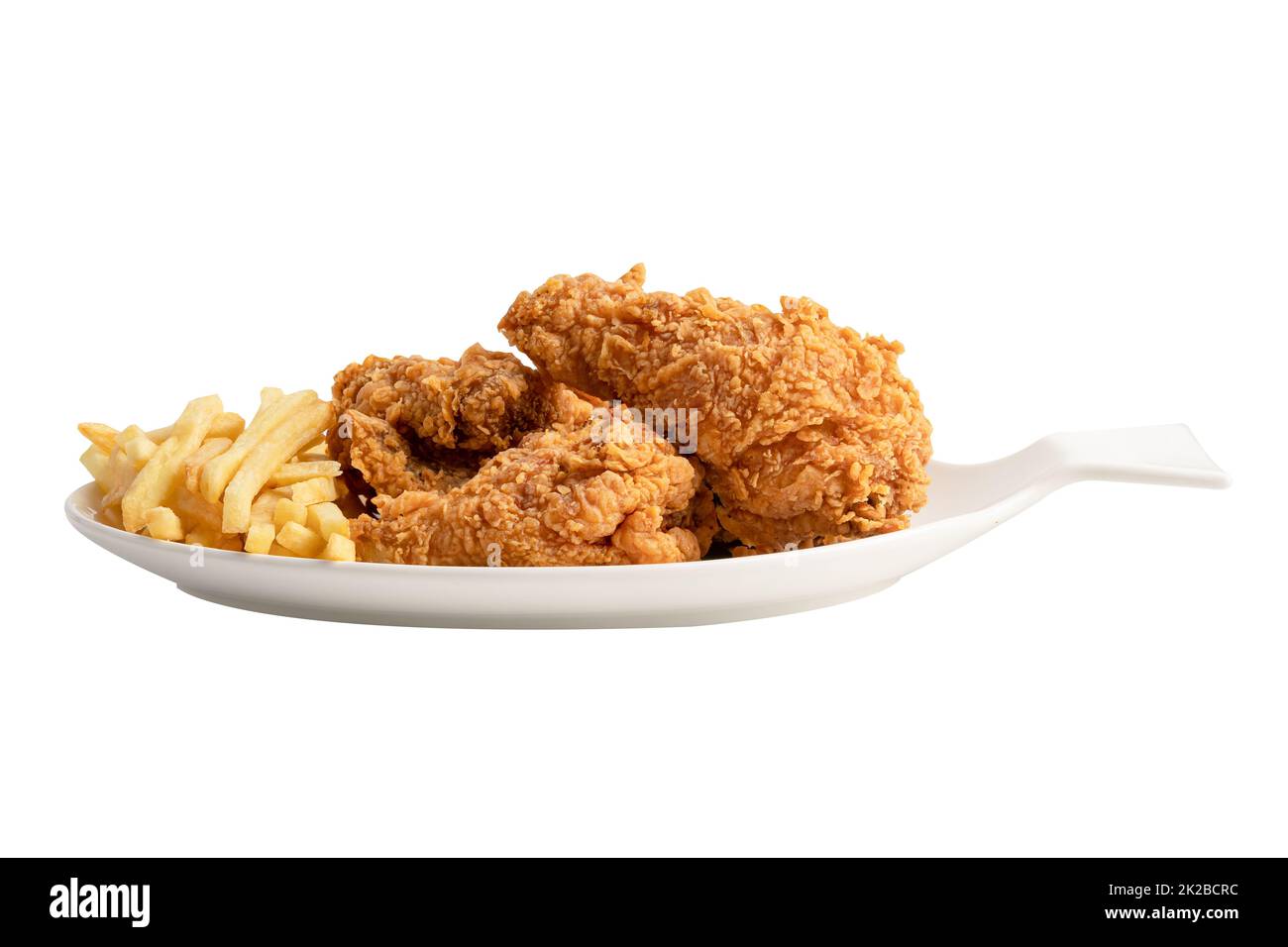 Fried chicken and potato chip served on white plate isolated on white