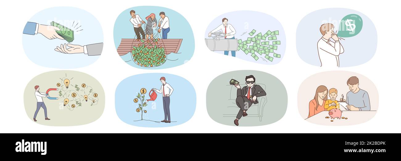 Set of diverse people receive money dividend from successful investment