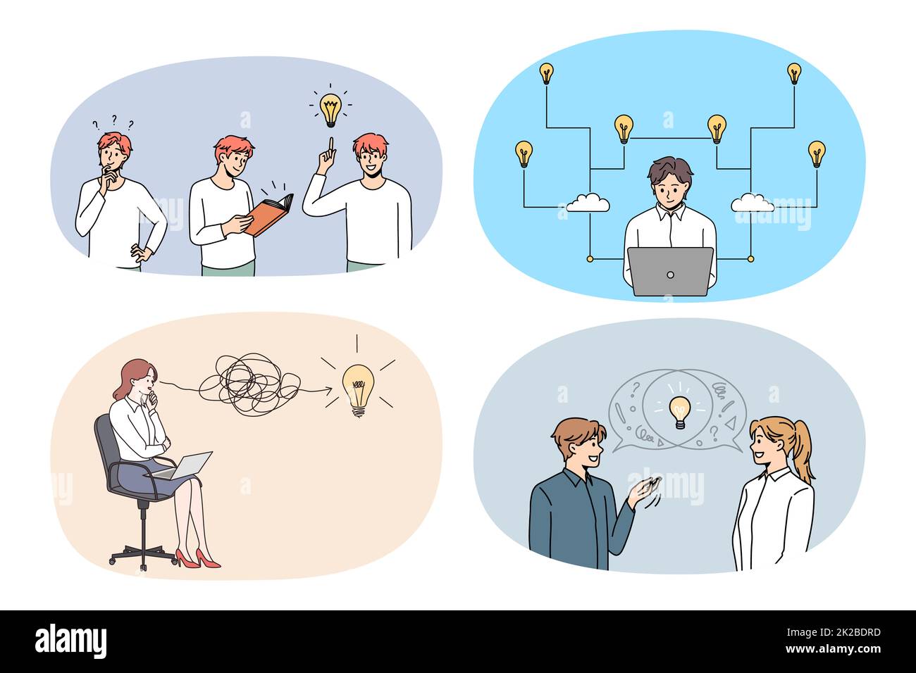 Set of diverse people with lightbulbs brainstorming Stock Photo