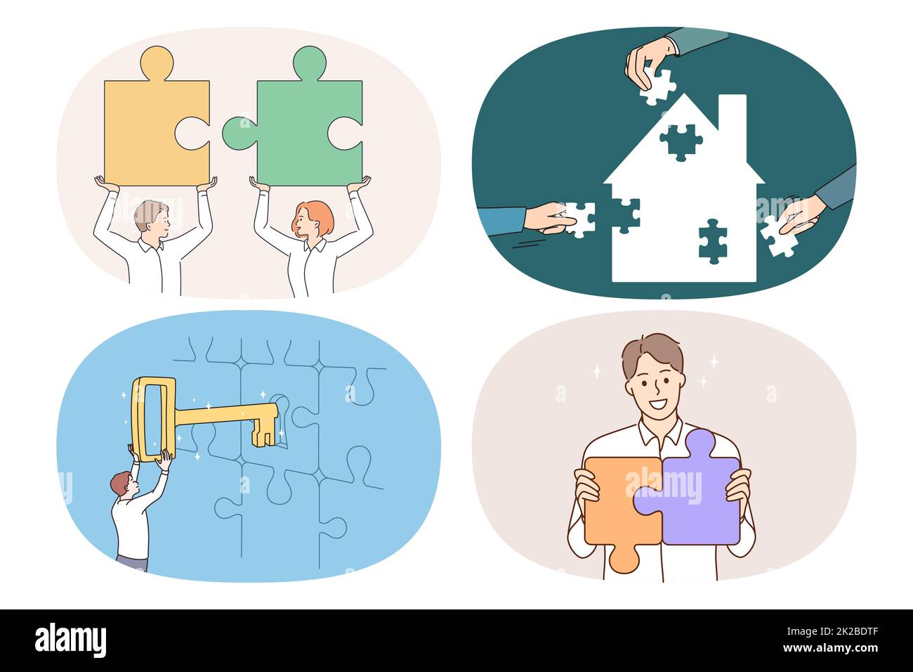 Set of happy businesspeople connect jigsaw puzzles Stock Photo