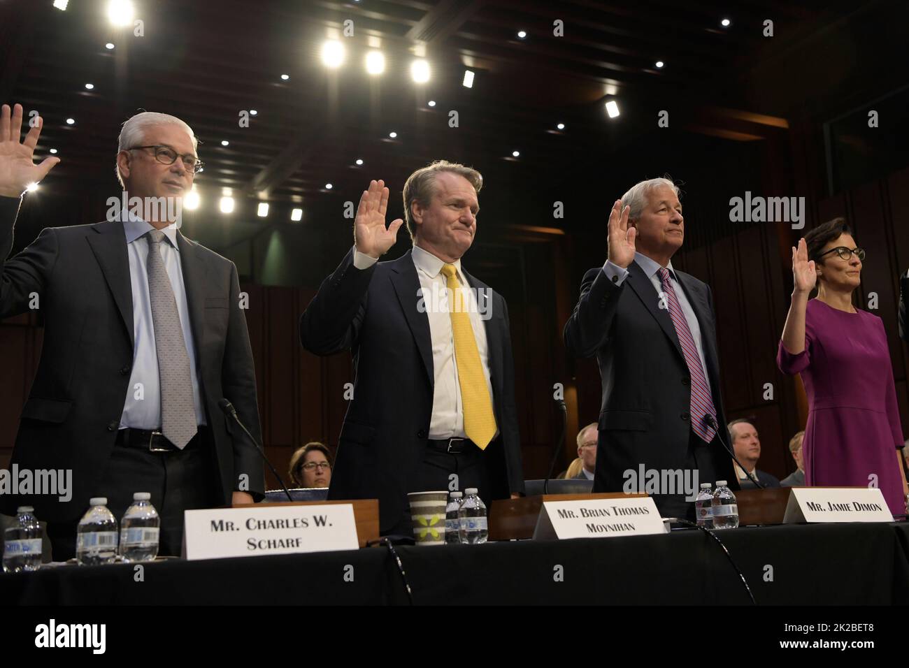 September 22, 2022, Washington, District of Columbia, USA: CEO and President Wells Fargo Bank CHARLES W. SCHARF(1 left), CEO Bank of America BRIAN THOMAS MOYNIHAN (2 left), CEO JPMorgan Chase Bank JAMIE DIMON(3 right) and CEO Citigroup Bank JANE FRASER(4 right) testify before Senate Banking and Urban affairs Committee about Annual Oversight of the Nation's Largest Banks during a hearing today at Senate Hart/Capitol Hill. (Credit Image: © Lenin Nolly/ZUMA Press Wire) Stock Photo