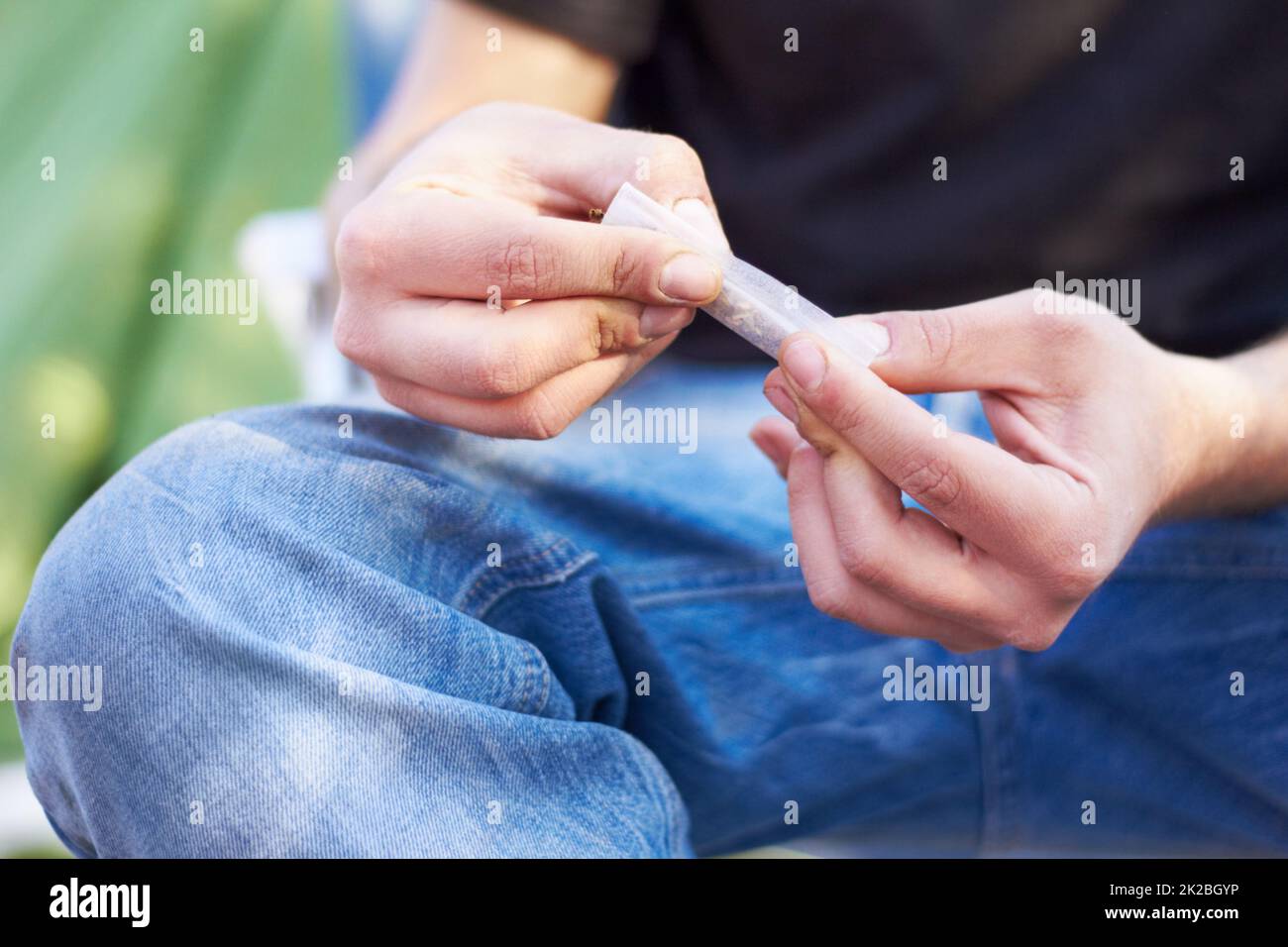 Everything has a gateway. Shot of a unrecognizable person rolling a large marijuana joint. Stock Photo