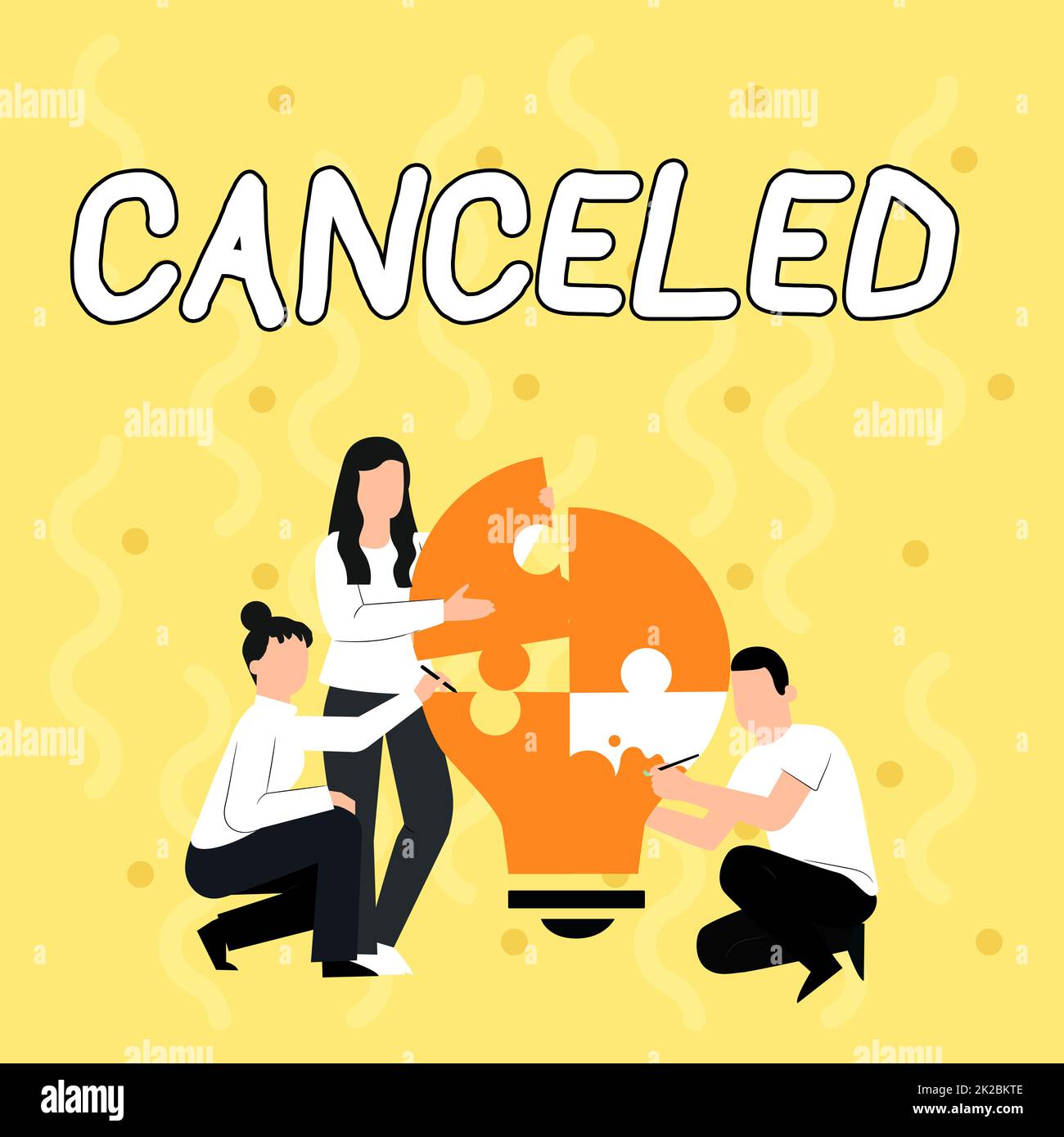 Conceptual caption Canceled. Business overview to decide not to conduct or perform something planned or expected Employee Drawing Helping Each Other Building Light Bulb Jigsaw Puzzle. Stock Photo