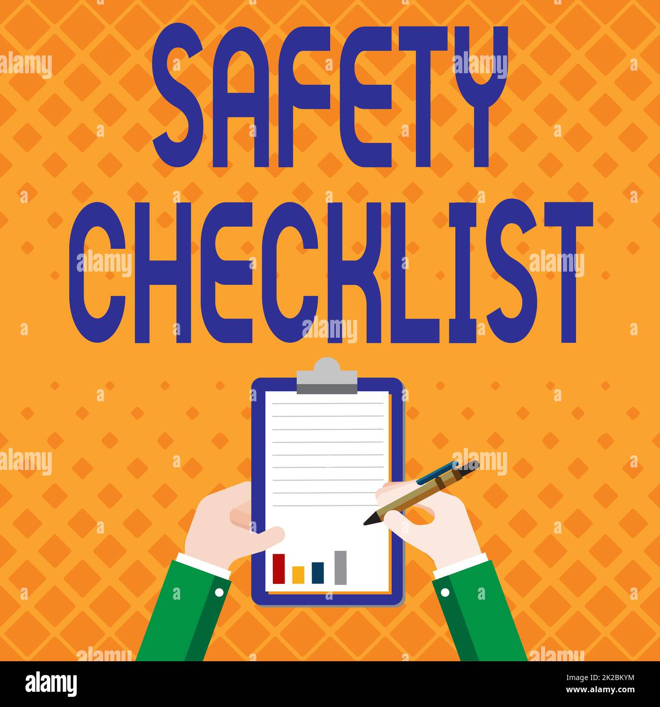 Text caption presenting Safety Checklist. Business concept list of items you need to verify, check or inspect Business Associate Holding Clipboard Documenting Reports With Pen. Stock Photo