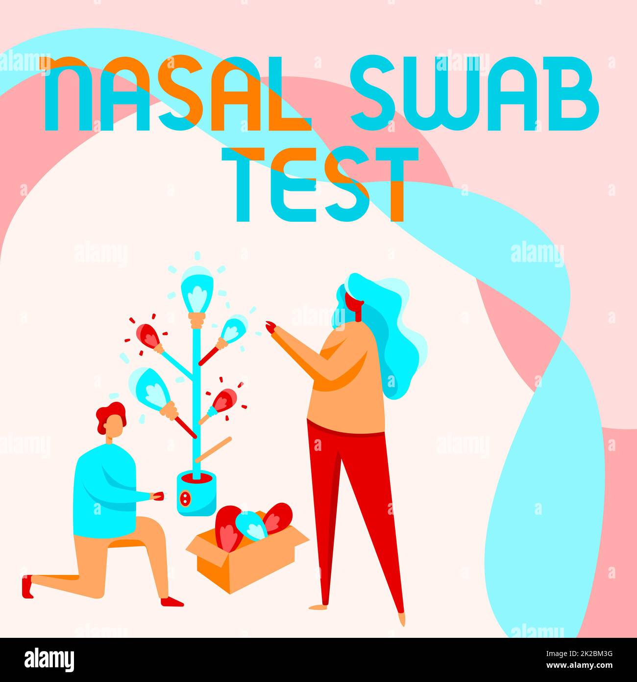 Handwriting text Nasal Swab Test. Business overview diagnosing an upper respiratory tract infection through nasal secretion Man And Woman Drawing Standing Kneeling Assembling Light Bulb Tree. Stock Photo