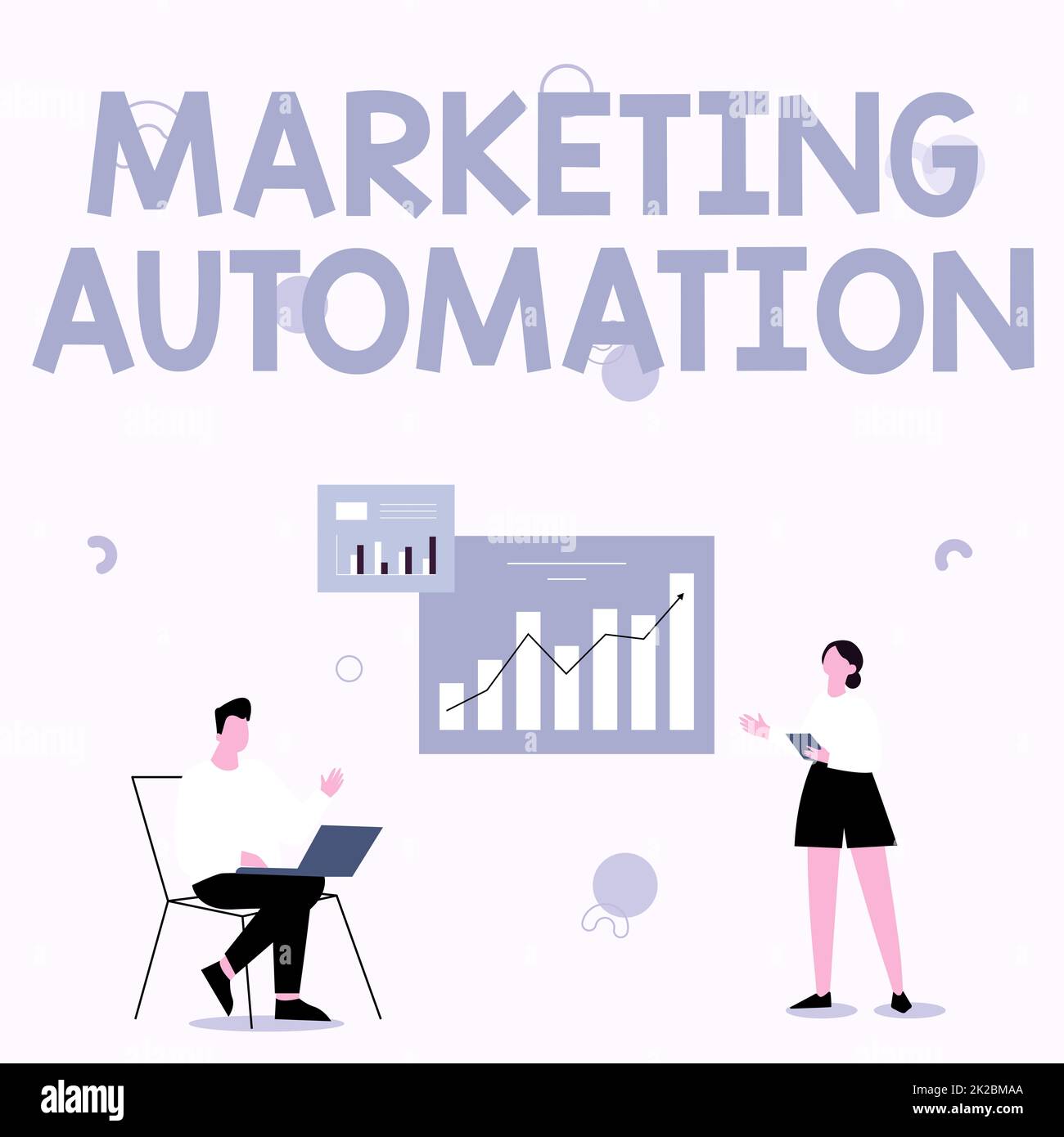 Text sign showing Marketing Automation. Business showcase Software used by company to effectively target customer Man Using Laptop And Girl Standing Sharing Ideas For Improvement. Stock Photo