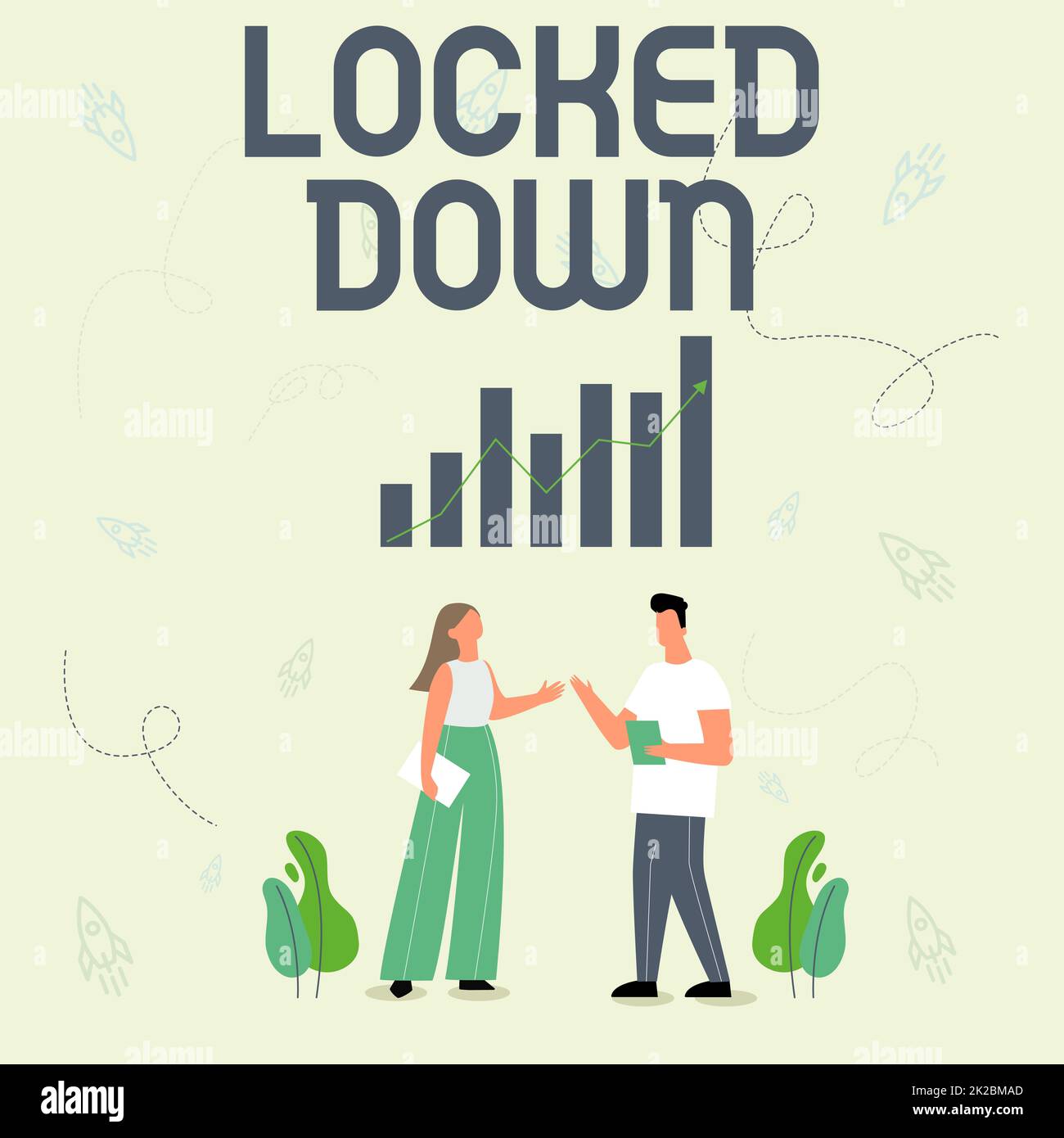 Hand writing sign Locked Down. Business concept emergency measure which showing prevented from restricted area Illustration Of Partners Sharing Wonderful Ideas For Skill Improvement. Stock Photo