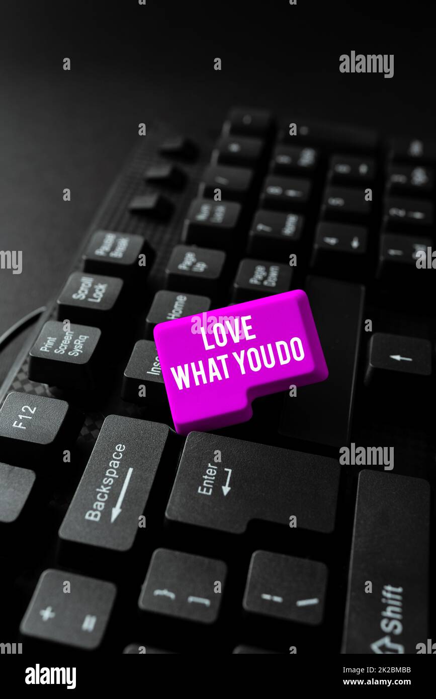 Writing displaying text Love What You Do. Business showcase has passion and enthusiasm at work Dedication Devotion Entering New Programming Codes, Typing Emotional Short Stories Stock Photo