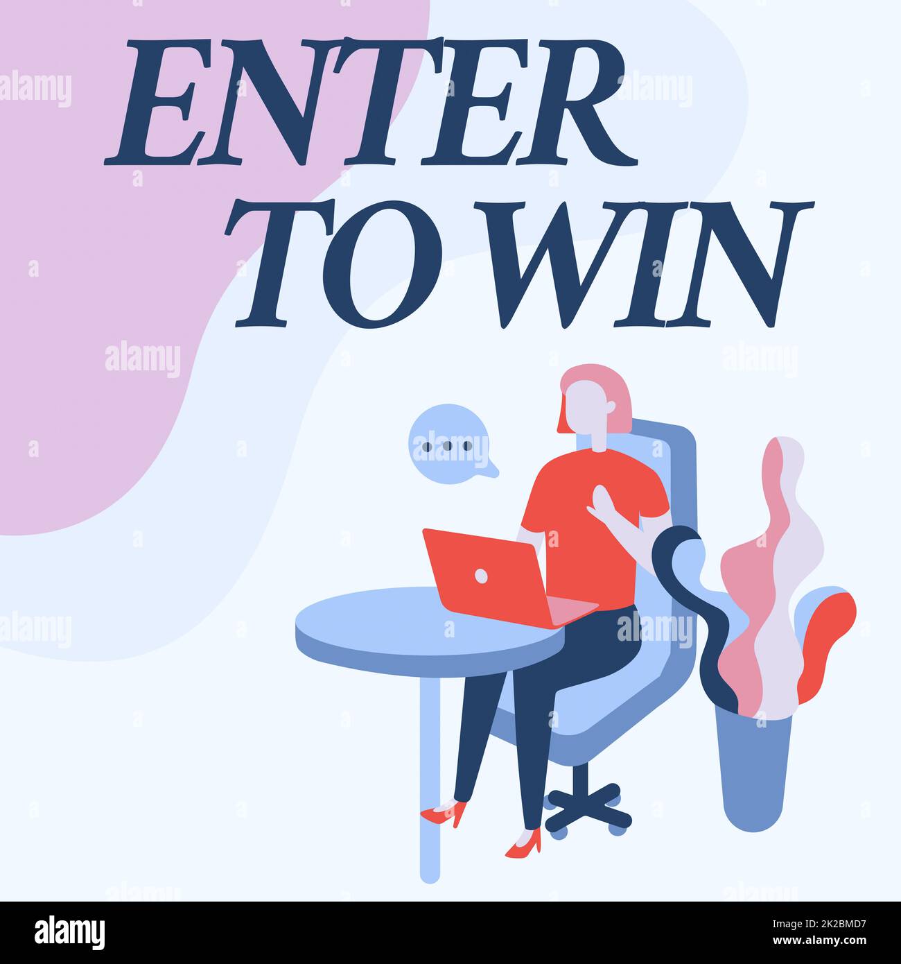 Handwriting text Enter To Win. Conceptual photo Sweepstakes Trying the luck to earn the big prize Lottery Woman Sitting Office Desk Using Laptop With Speech Bubble Beside Plant. Stock Photo