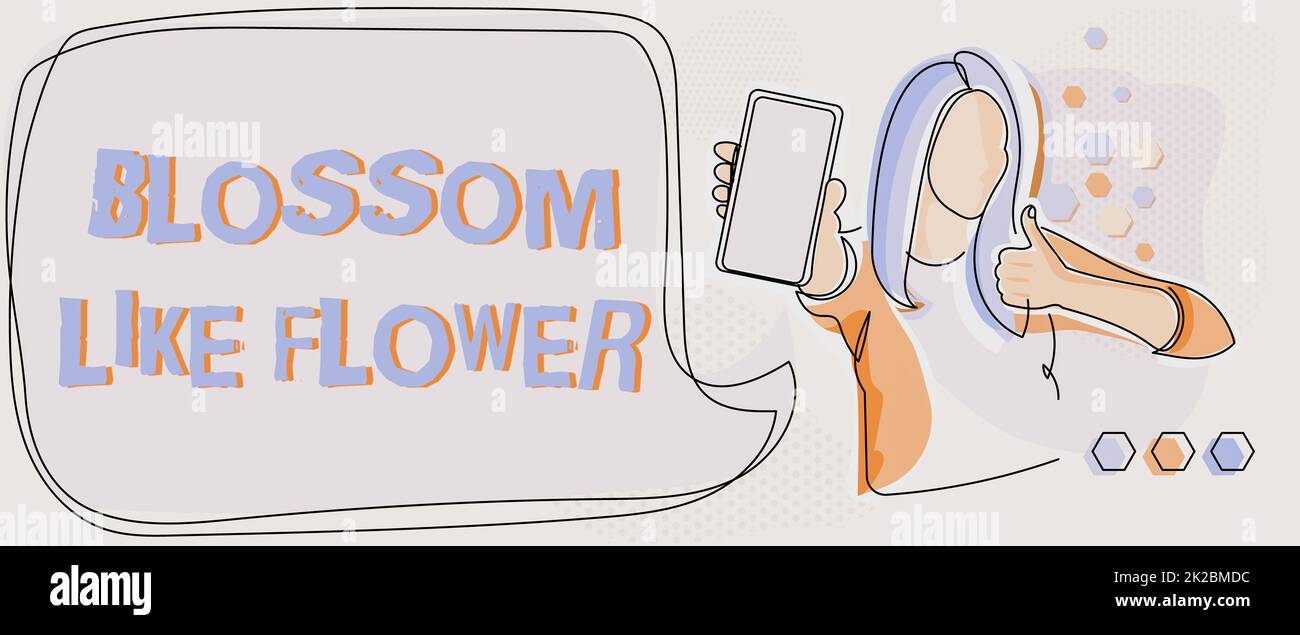 Sign displaying Blossom Like Flower. Concept meaning plant or tree that will form the seeds or fruit Line Drawing For Lady Holding Phone Presenting New Ideas With Speech Bubble. Stock Photo