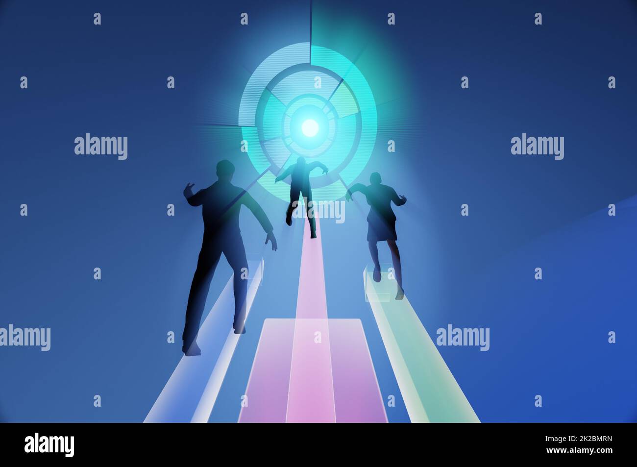 3d illustration . Concept of team work , success . Businessmen and businesswoman go on growing arrow Stock Photo