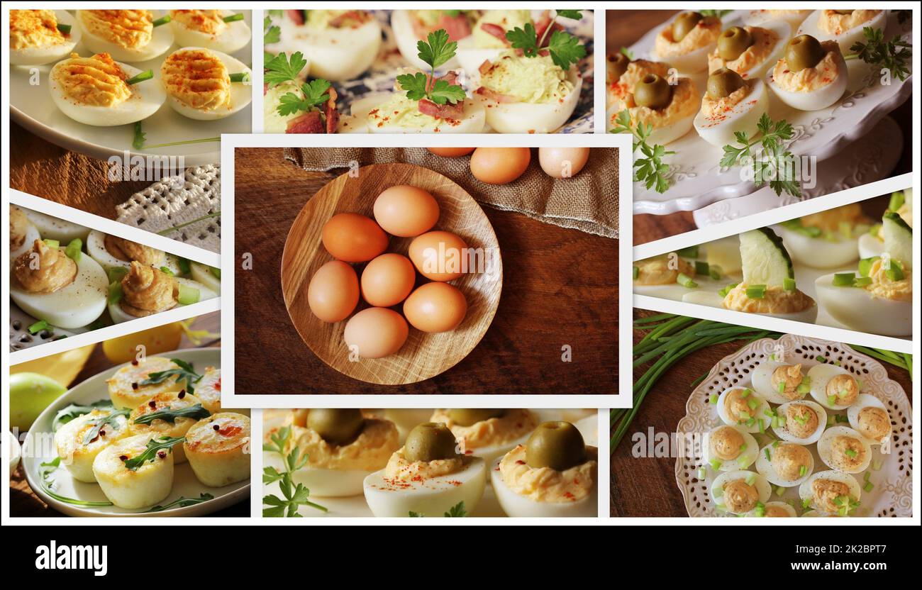 Easter background. Collage of delicious eggs recipes Stock Photo