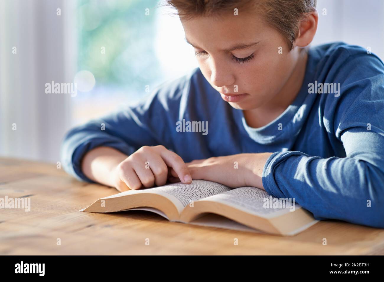 Hes really getting into this book. Shot of a young boy reading a book at a table. Stock Photo