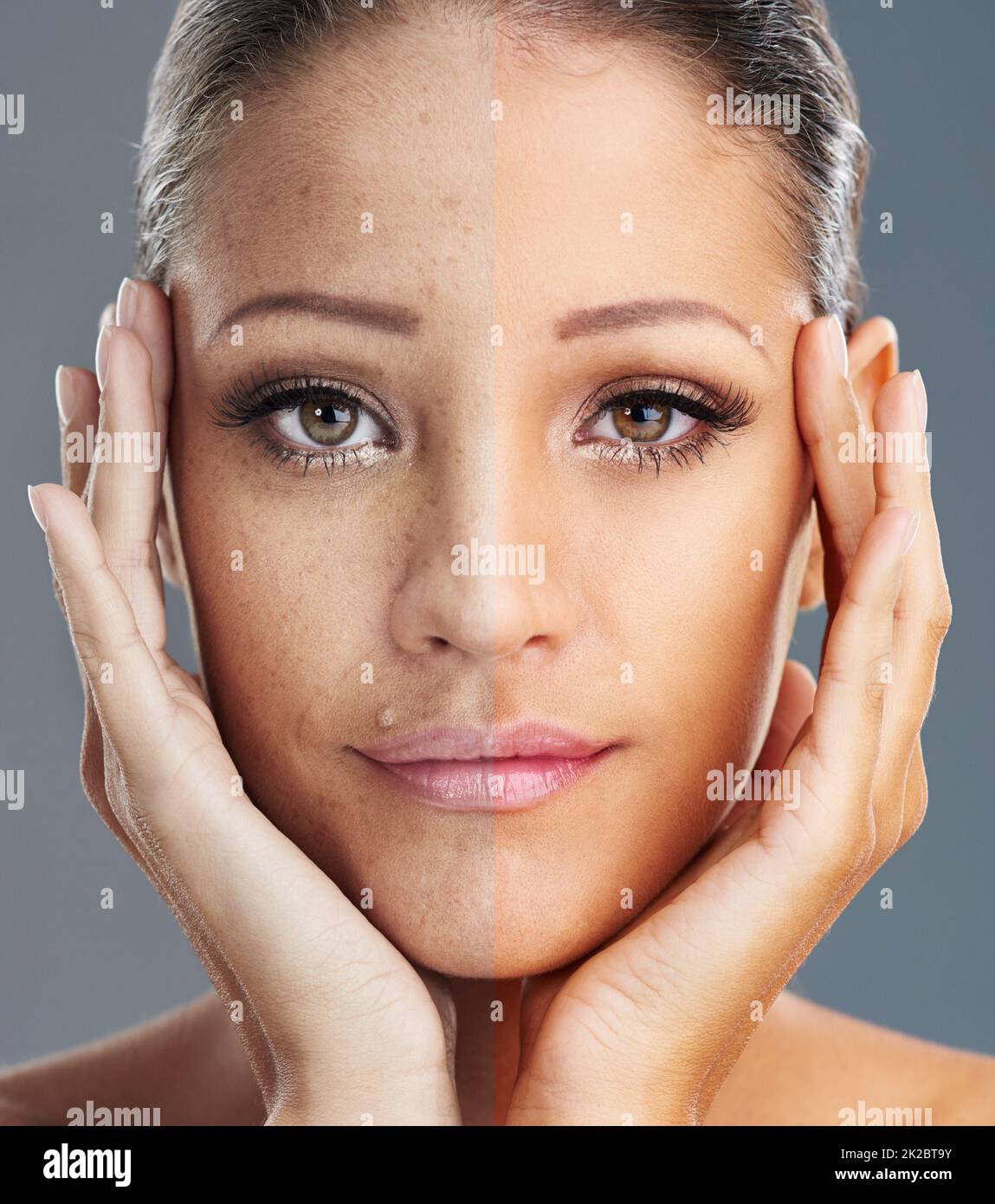 In the eternal pursuit of perfection. Composite shot of a woman with and without makeup. Stock Photo