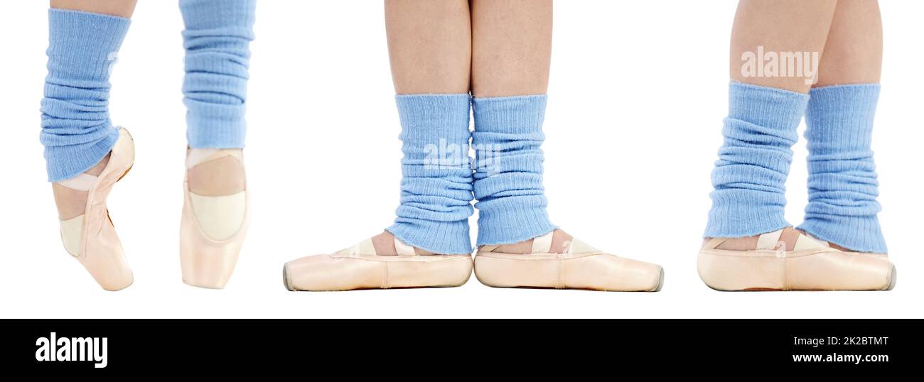 Step by step. Cropped view of a ballerinas feet en pointe as she performs various footwork positions. Stock Photo