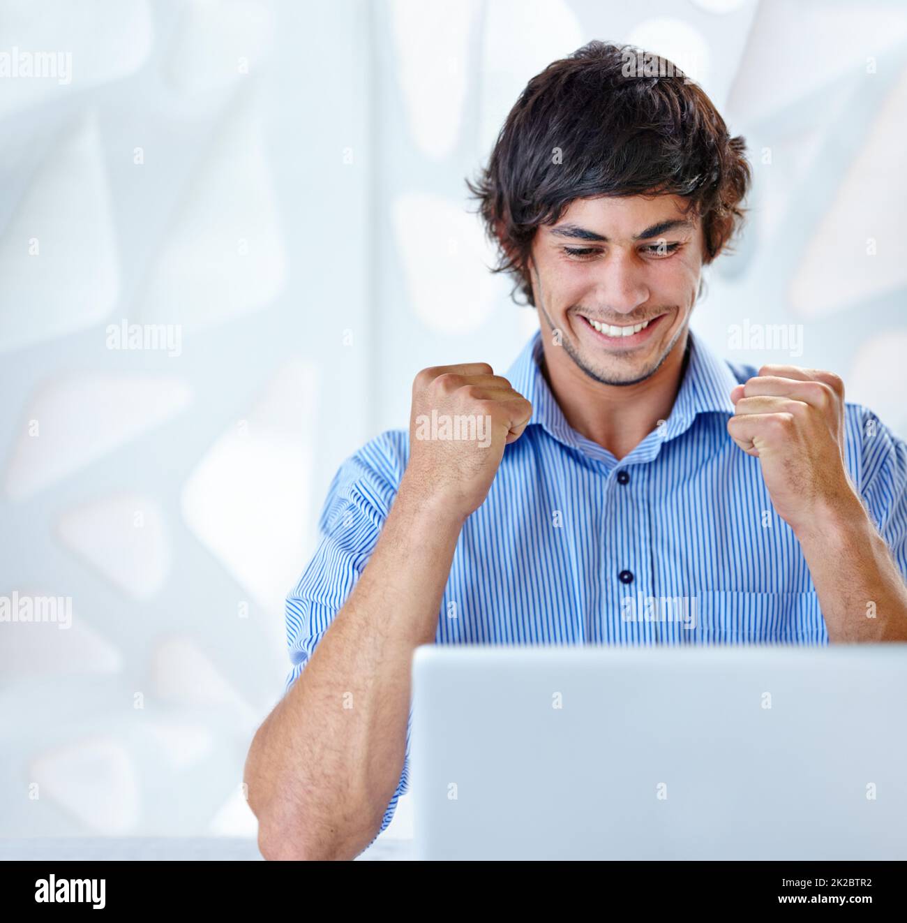 I got that promotion. Shot of an ecstatic young businessman sitting in front of her laptop. Stock Photo