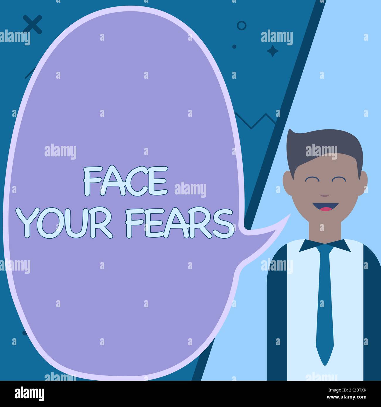 Conceptual display Face Your Fears. Business concept Have the courage to overcome anxiety be brave fearless Illustration Of Businessman Presenting Ideas To Empty Chat Cloud. Stock Photo