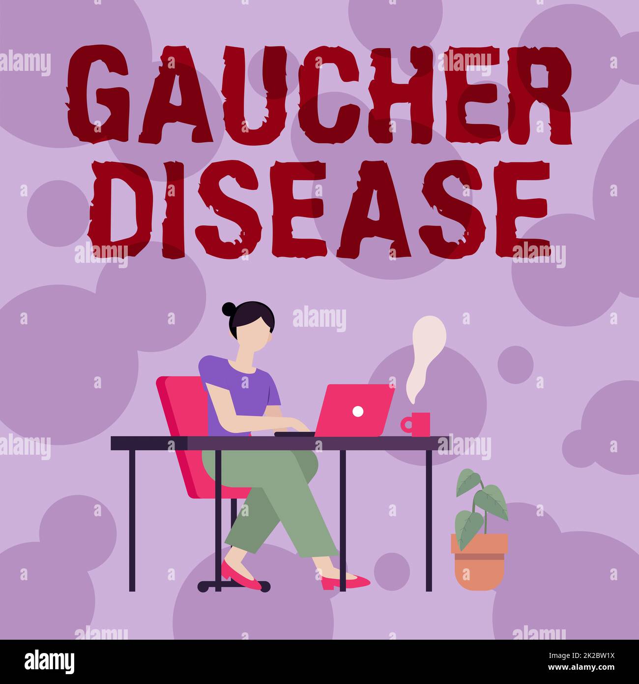 Text caption presenting Gaucher Disease. Word for autosomal recessive inherited disorder of metabolism Woman Sitting With Laptop Back View Actively Accomplishing Work From Home Stock Photo