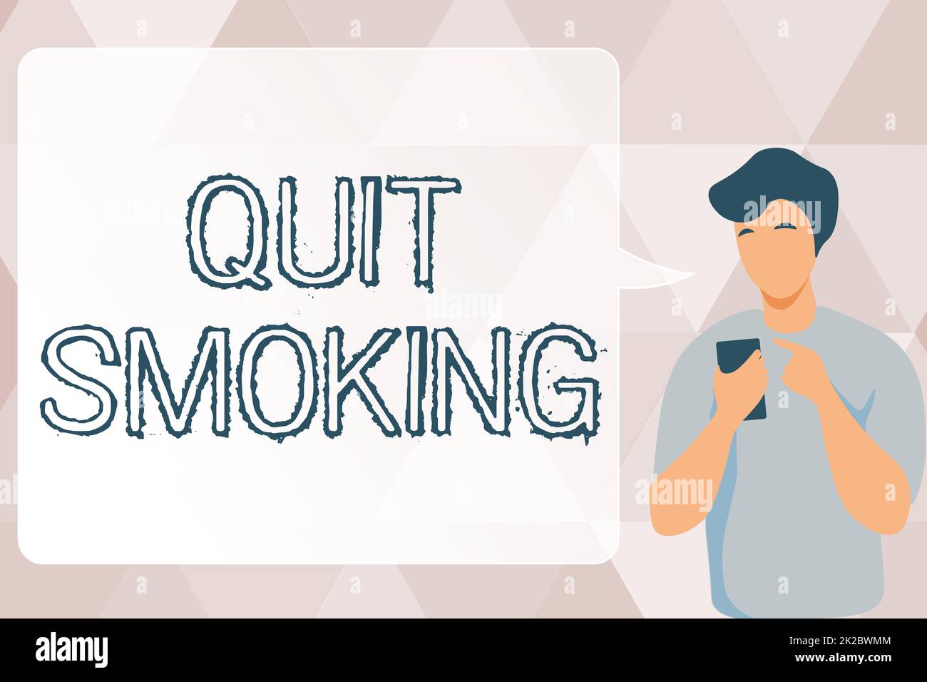 Text showing inspiration Quit Smoking. Business concept process of discontinuing tobacco and any other smokers Man Illustration Using Mobile And Displaying Speech Bubble Conversation. Stock Photo
