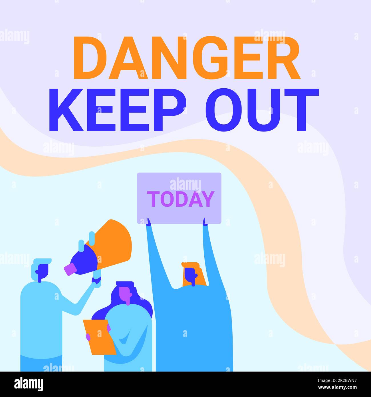 Hand writing sign Danger Keep Out. Business overview Warning be alert stay away from this point safety sign Activists Holding Thier Megaphones And Placards Making Announcement. Stock Photo