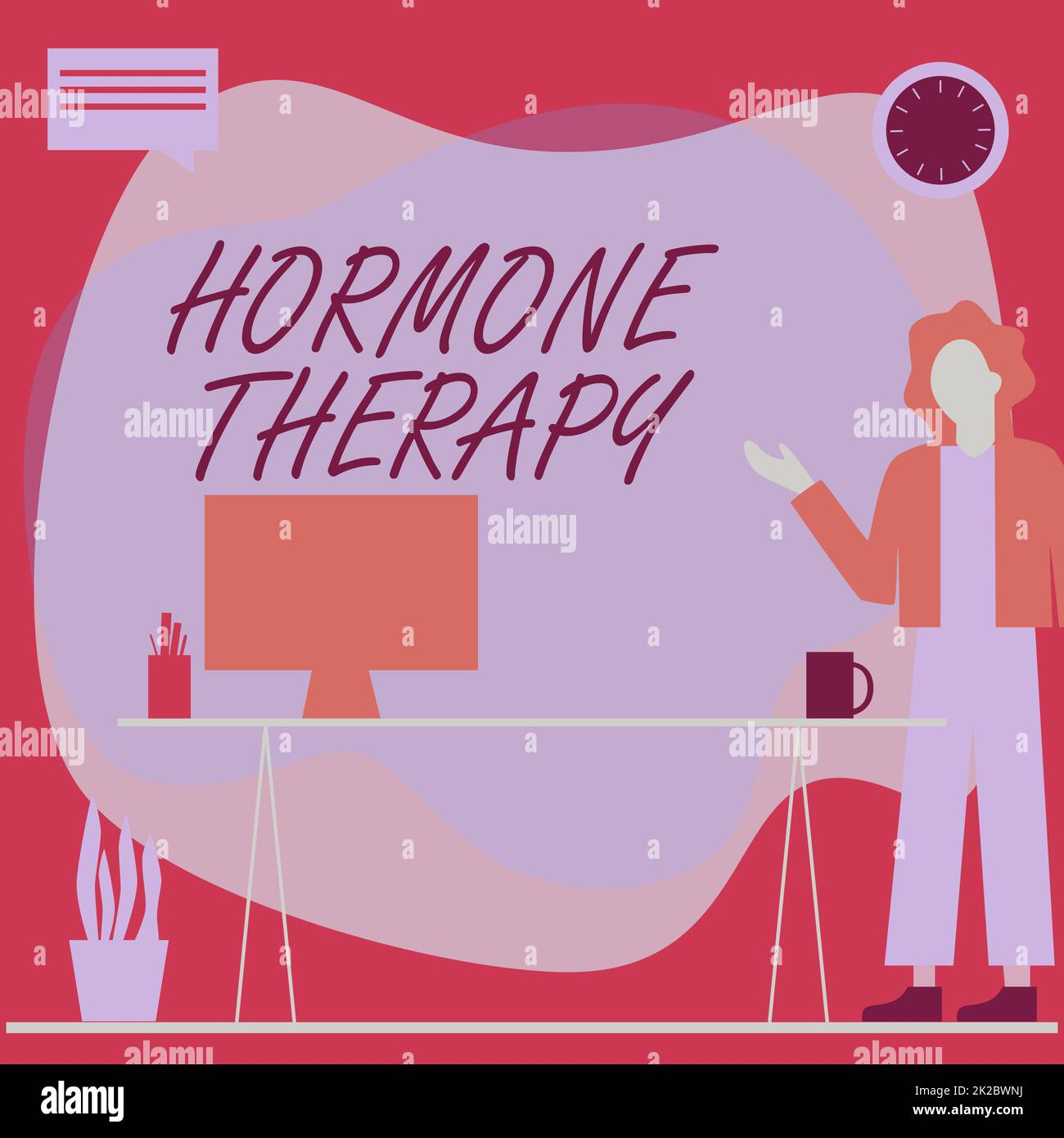 Sign displaying Hormone Therapy. Business showcase use of hormones in treating of menopausal symptoms Woman Standing Office Using Laptop With Speech Bubble Beside Plant Vase. Stock Photo