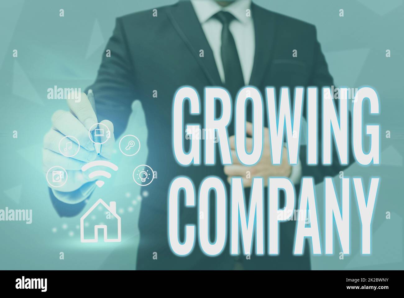 Handwriting text Growing Company. Business approach generates significant positive cash flows or earnings Man holding Screen Of Mobile Phone Showing The Futuristic Technology. Stock Photo