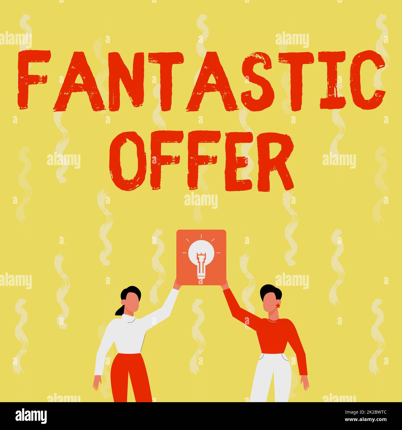 Handwriting text Fantastic Offer. Conceptual photo the seller accepts offers and is willing to negotiate Two Colleagues Holding Lamp Presenting New Achievement Reached. Stock Photo