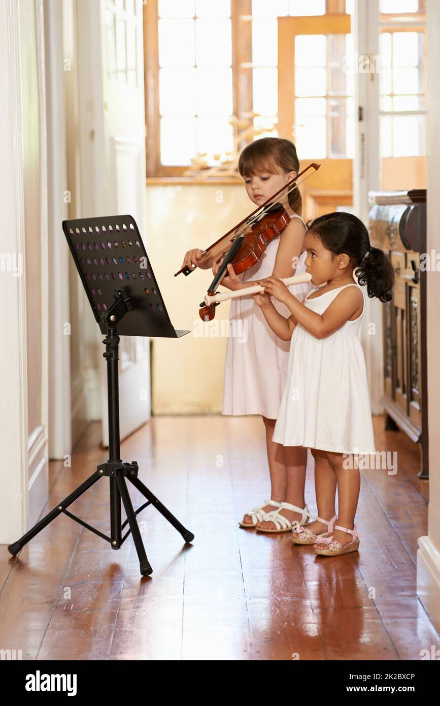 Playing a violin duet. Fulllength shot of two little girls playing