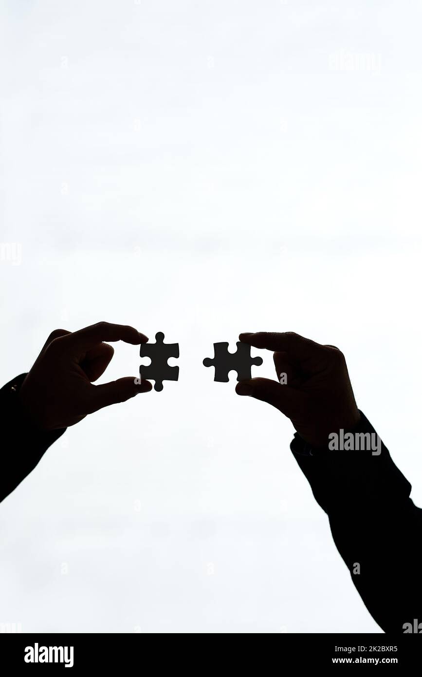 Seeing the bigger picture. Cropped shot of two people holding puzzle pieces together against a white background. Stock Photo