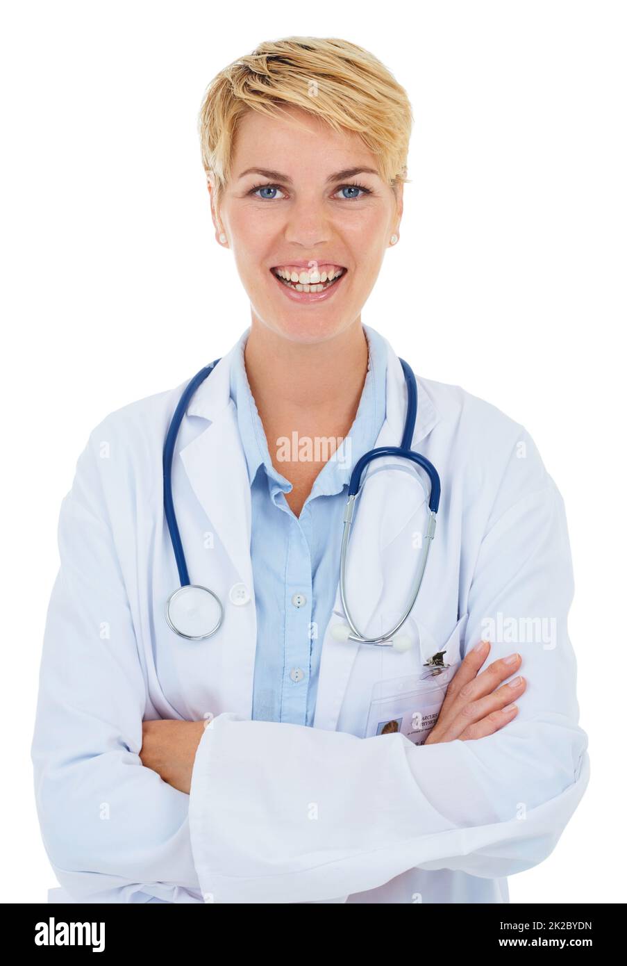 Shes the best in her field. A young female doctor standing against a white background. Stock Photo