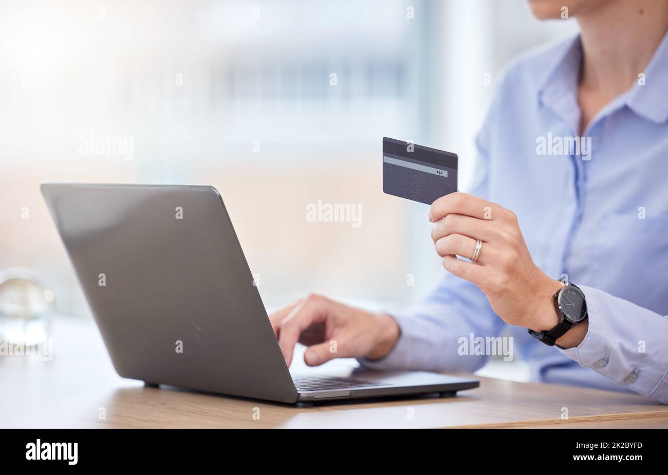 credit card and business woman with laptop doing online
