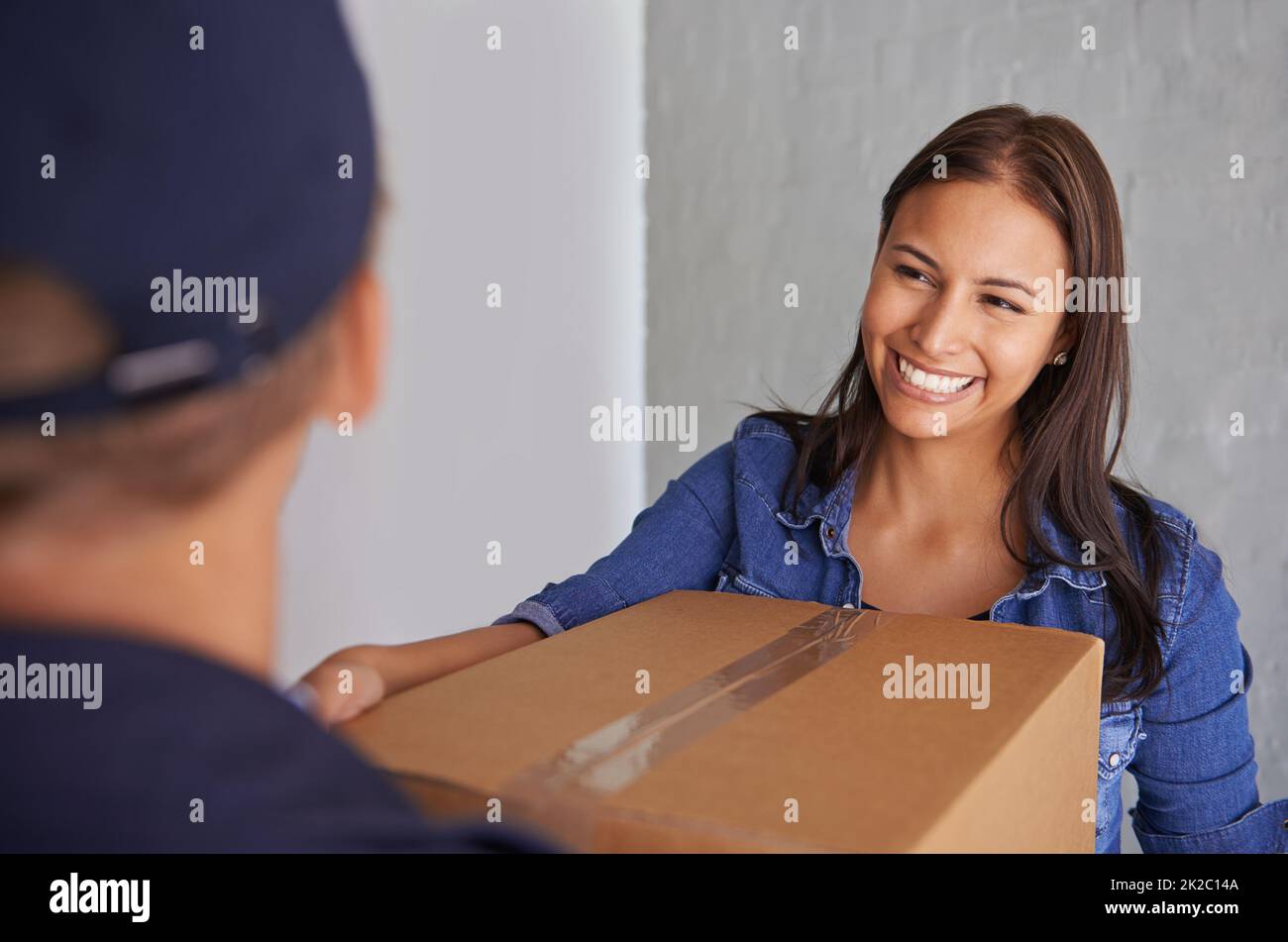 Always find a trustworthy moving company. A beautiful young woman smiling at the camera as she takes a box from a mover. Stock Photo