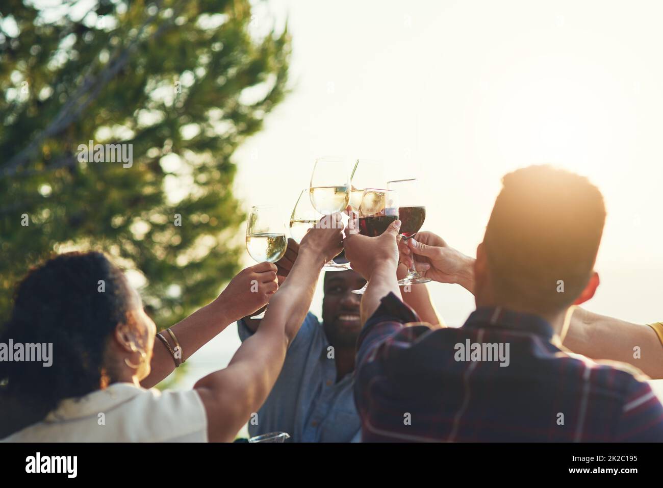 Lets raise them high guys. Shot of a group of friends raising up their glasses for a toast while sitting around a table together outdoors. Stock Photo