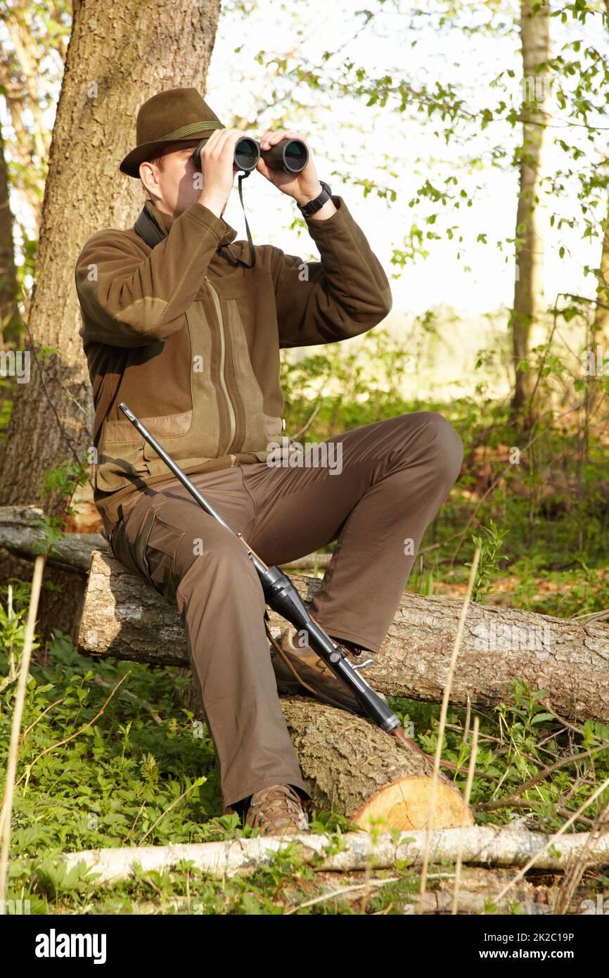 On the look out. A game ranger looking through his binoculars while