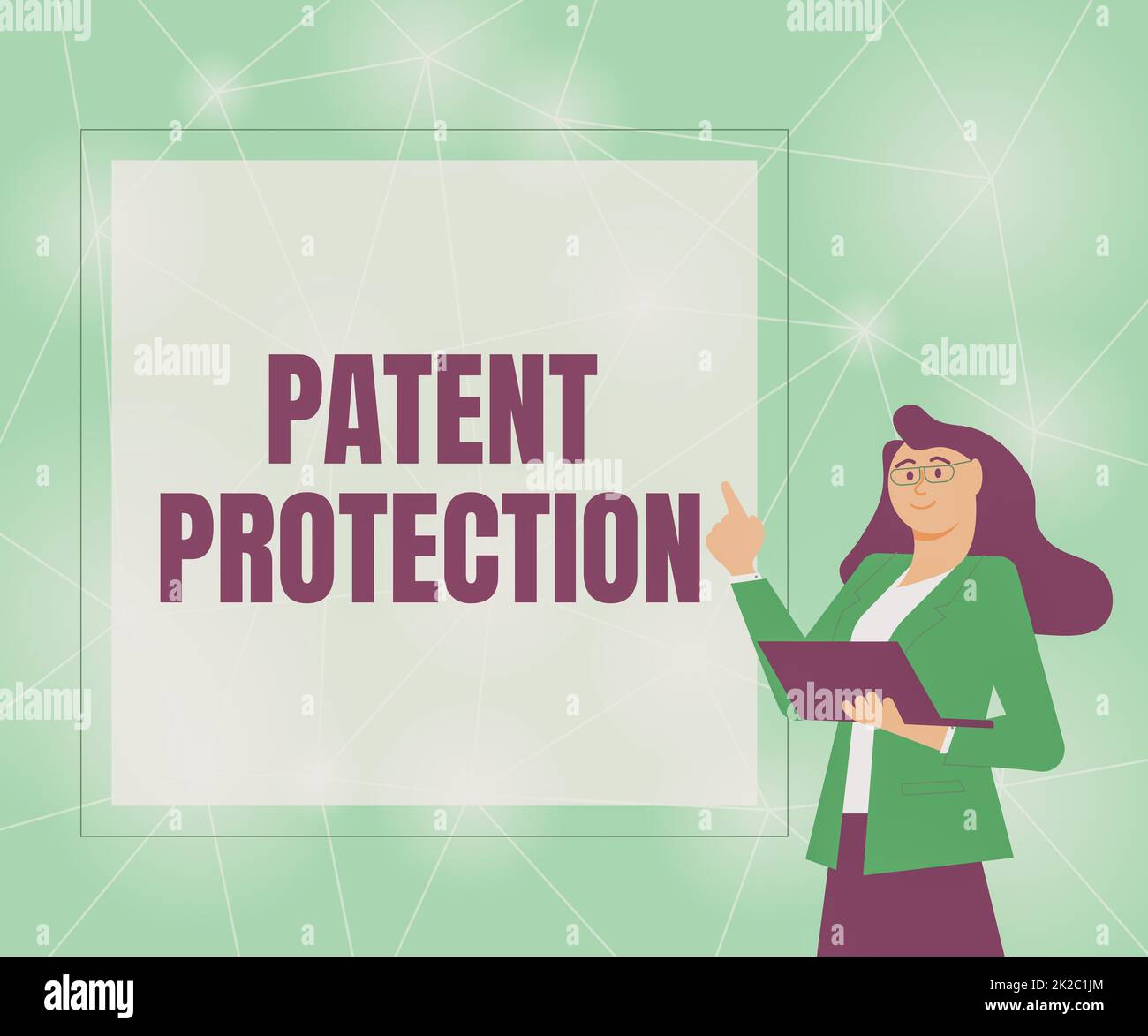 Conceptual caption Patent Protection. Conceptual photo provides a person or legal entity with exclusive rights Illustration Of Businesswoman Standing Holding Her Laptop Presenting Ideas. Stock Photo