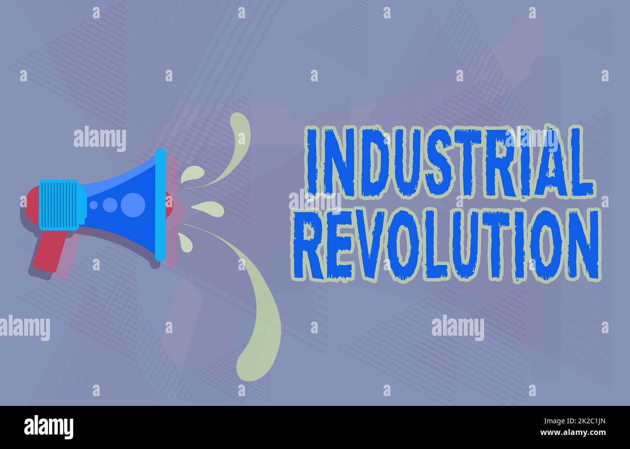 Conceptual display Industrial Revolution. Business concept time during which work done more by machines Illustration Of Megaphone Throwing Out Water Drops Making Announcement. Stock Photo