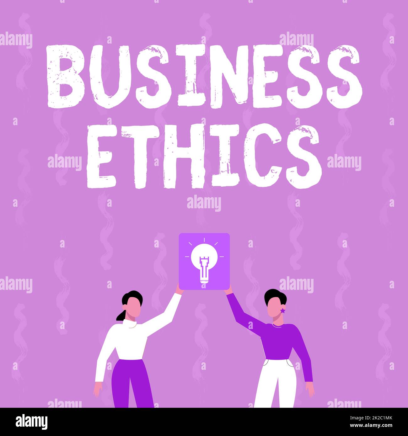 Conceptual display Business Ethics. Word for Moral principles that guide the way a business behaves Two Colleagues Holding Lamp Presenting New Achievement Reached. Stock Photo