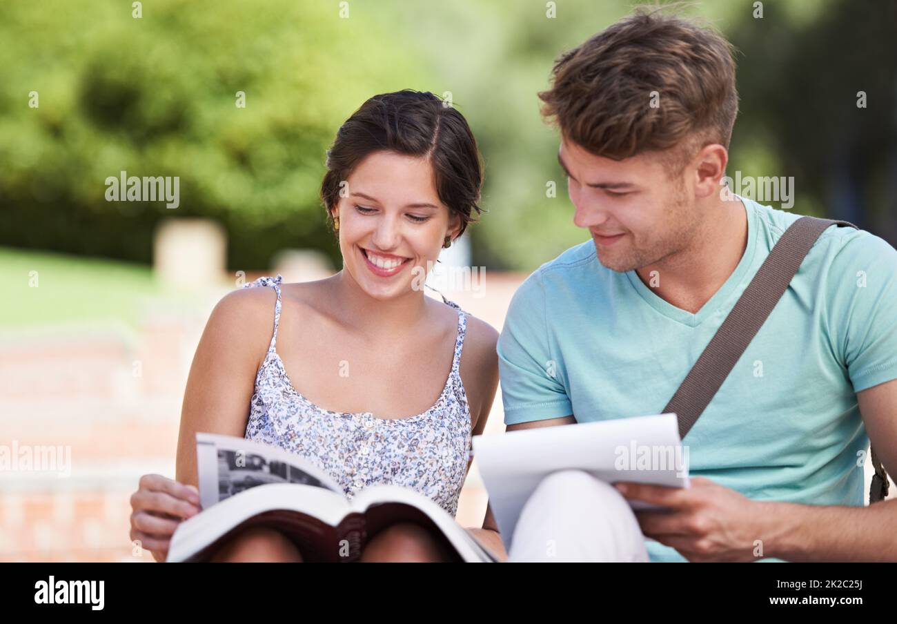 Learning together makes everything easier. A young couple in college sitting together and studying in the park. Stock Photo